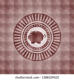 piggy bank icon inside red emblem with geometric pattern background. Seamless.