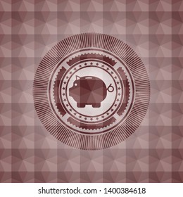 piggy bank icon inside red seamless emblem or badge with geometric pattern background.