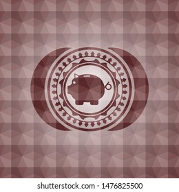 piggy bank icon inside red emblem or badge with abstract geometric pattern background. Seamless.