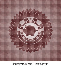 piggy bank icon inside red badge with geometric pattern. Seamless.