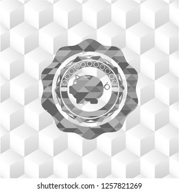 piggy bank icon inside retro style grey emblem with geometric cube white background