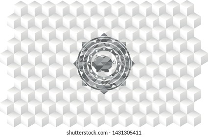 piggy bank icon inside retro style grey emblem with geometric cube white background