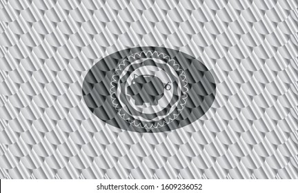 piggy bank icon inside shiny silver badge. Scales pattern. Vector Illustration. Detailed.