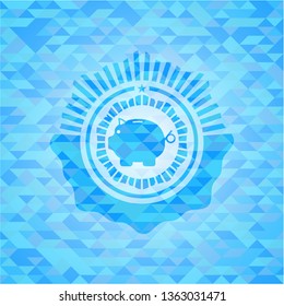 piggy bank icon inside sky blue emblem with triangle mosaic background