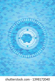 piggy bank icon inside sky blue emblem with triangle mosaic background