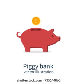 Piggy bank icon isolated on white background. Vector illustration flat design. Gold dollar coin drops into money box. Save budget. Economy finance.