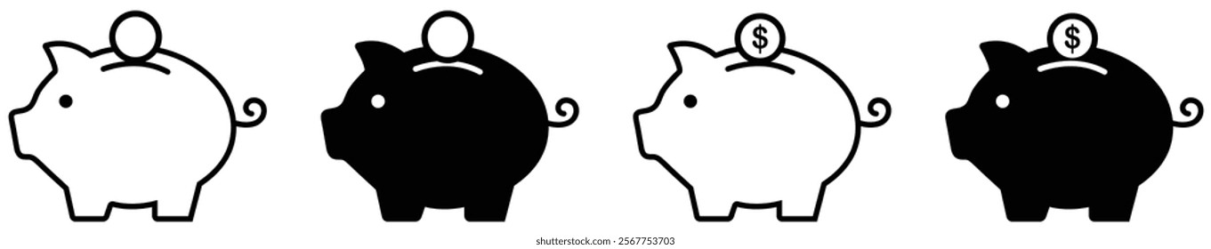 Piggy bank icon isolated set on white background. Money box symbol. Saving bank icon. Pig and coin sign. Saving money.