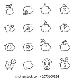 Piggy bank icon line set vector illustration. Banking budget currency coin savings financial economy investment isolated on white. Collection monochrome outline logo pig box income deposit earnings