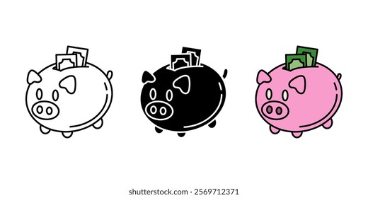 Piggy bank icon. Piggybank with dollar bill vector illustration. Pink pig savings box symbol. Money economy and budget account. Deposit and investment profit or income pictogram. Cash saving sign.