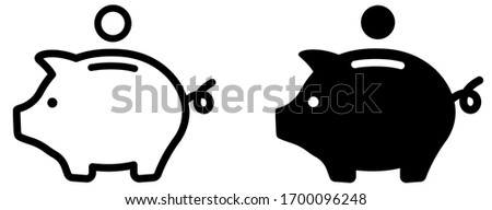 Piggy bank icon. Piggybank with falling coins. Baby pig piggy bank. Pig silhouette. Financial independence. Money box symbol flat style stock vector.