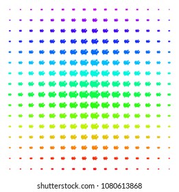 Piggy Bank icon rainbow colored halftone pattern. Vector piggy bank pictograms arranged into halftone grid with vertical rainbow colors gradient. Designed for backgrounds,