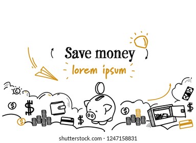 piggy bank icon save money concept sketch doodle. horizontal isolated copy space.