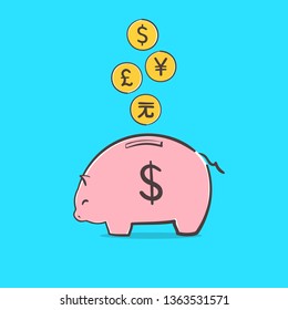 Piggy bank icon. A saving or investment plan concept idea with international currency falling into the piggy bank. Financial illustration