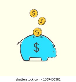 Piggy bank icon. A saving or investment plan concept idea with international currency falling into the piggy bank. Financial illustration