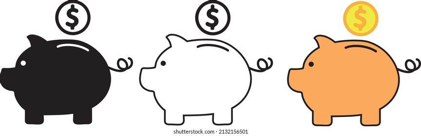 Piggy bank icon. Piggy bank saving money icon in different style. Baby pig piggy bank