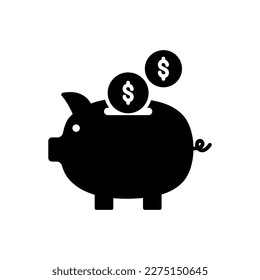 Piggy bank icon for saving money or coins in black solid style