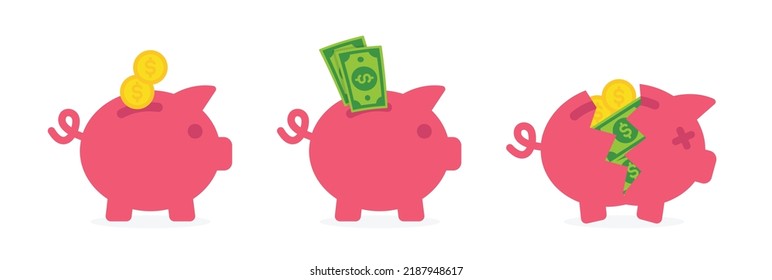 Piggy bank icon set. Containing saving money and broken piggy symbol vector illustration. Financial concept.