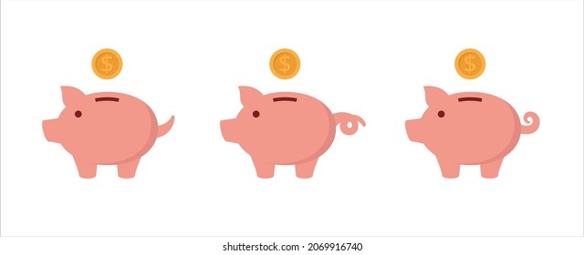 Piggy Bank Icon Set. Cute Pig Shaped Money Box With Its Falling Gold Coin. Symbol Of Money Saving Or Deposit. Curly Tailed Baby Pig Moneybox Vector Icons Illustration. Pink Color.