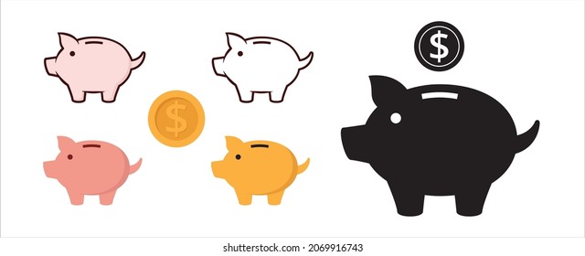 Piggy Bank Icon Set. Cute Pig Shaped Money Box With Its Falling Coin. Symbol Of Money Saving Or Deposit. Straight Up Tailed Baby Pig Moneybox Vector Icons Illustration.