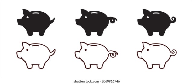Piggy bank icon set. Cute pig shaped money box with its falling coin. Symbol of money saving or deposit. Curly tailed baby pig moneybox vector icons illustration. Black white color.
