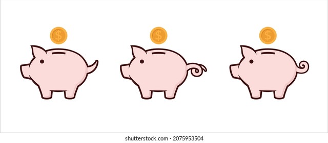 Piggy bank icon set. Cute pig shaped money box with its falling gold coin. Symbol of money saving or deposit. Curly tailed baby pig moneybox vector icons illustration. Pink color.
