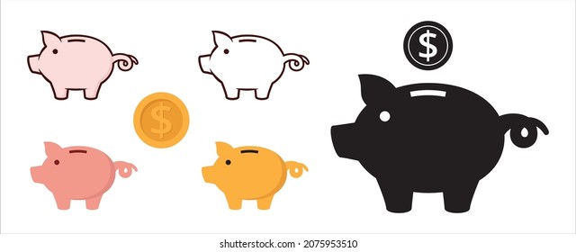 Piggy bank icon set. Cute pig shaped money box with its falling coin. Symbol of money saving or deposit. Curly tailed baby pig moneybox vector icons illustration.