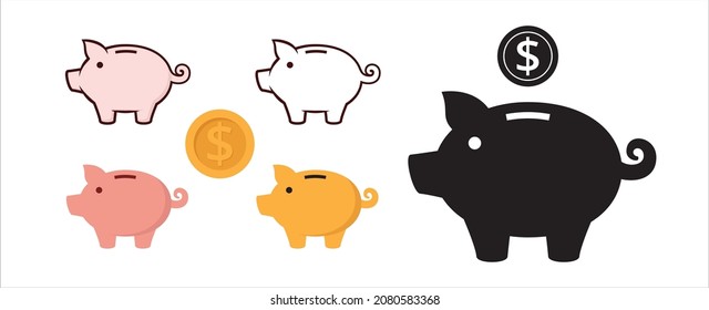 Piggy bank icon set. Cute pig shaped money box with its falling coin. Symbol of money saving or deposit. Curly tailed baby pig moneybox vector icons illustration.