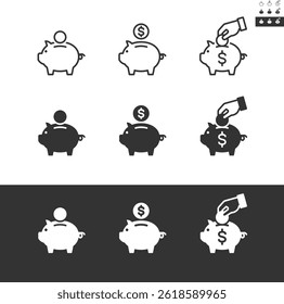 Ícone Piggy bank definido em contorno e estilos sólidos. Separe os objetos por uma linha branca, sem nenhum caminho de recorte que possa ser movido para a edição do design. Traçado editável.