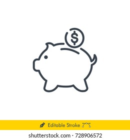 Piggy Bank Icon / Vector - In Line / Stroke Design with Editable Stroke