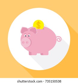 Piggy bank. Icon vector with long shadow. Flat design style.