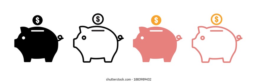 Piggy bank icon vector set . Piggy bank with coin in flat style. Pig, dollar. Vector illustration.