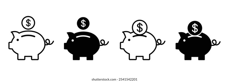Piggy bank ícone vetor conjunto. Banco de porcos com moeda. Piggy bank economizando dinheiro ícone coleção. Banco de porcos de porco.