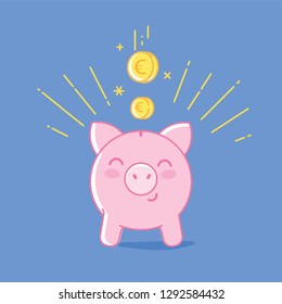 Piggy bank iconon blue background. Cute saving pig and falling coins linear flat illustration.