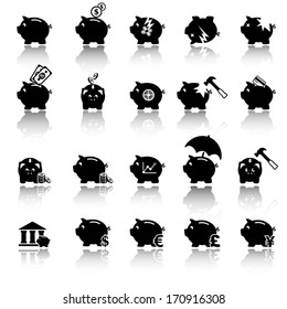 Piggy bank icons, banking and savings