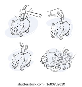 Piggy Bank Icons. Broken Piggy Bank. Vector Illustration In Lineart Style.