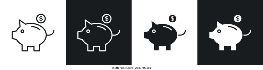 Piggy bank icons collection in black and white filled and line versions