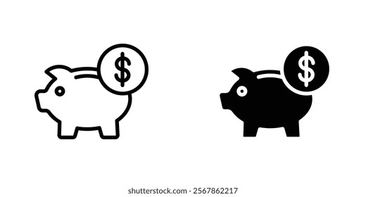 Piggy bank icons collection in Filled flat and thin line style.