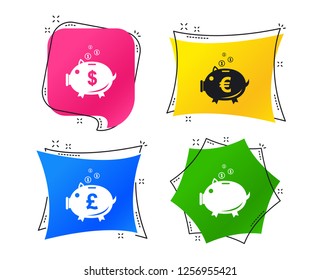 Piggy bank icons. Dollar, Euro and Pound moneybox signs. Cash coin money symbols. Geometric colorful tags. Banners with flat icons. Trendy design. Vector