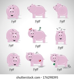 Piggy Bank Icons Set - Isolated On Gray Background - Vector Illustration, Graphic Design Editable For Your Design