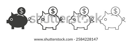 Piggy bank icons set. Liner outlined and flat black color