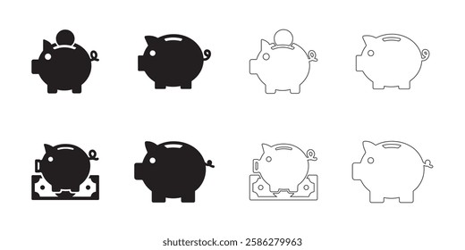 Piggy Bank icons set simple clean and smooth lines and fill vector icons in black on a white background.
