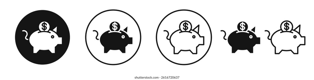 Piggy bank icons set in solid black and stroke line style