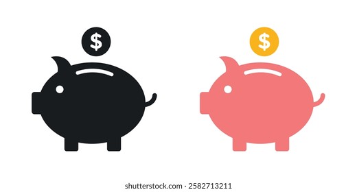 Piggy bank icons set vectors black and colored style