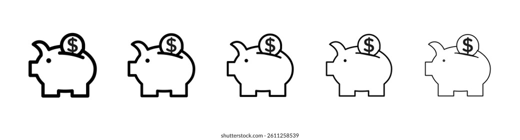 Piggy bank icons vector set in different stroke line style