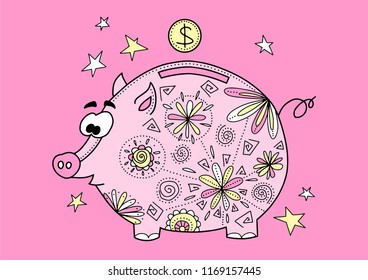 Piggy bank illustration in boho style. Symbol of the new year 2019. Decorative print for undershirts or posters.
