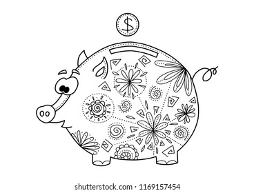 Piggy bank illustration in boho style. Symbol of the new year 2019. Decorative print for undershirts or posters.
