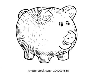 Piggy Bank Illustration, Drawing, Engraving, Ink, Line Art, Vector