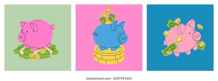Piggy bank illustration. Savings and reserve fund concept. Money box, golden coins and cash banknots. Vector cartoon illustration