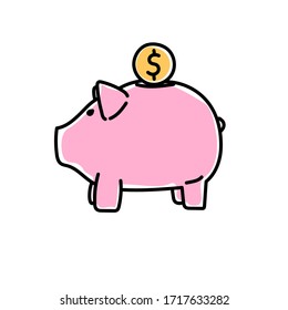 Piggy bank image in outline, flat style. Deposite, money, coin. Vector illustration.