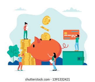 Piggy bank - investment, savings, income, money management. Small people characters doing various tasks. Concept vector illustration in flat style